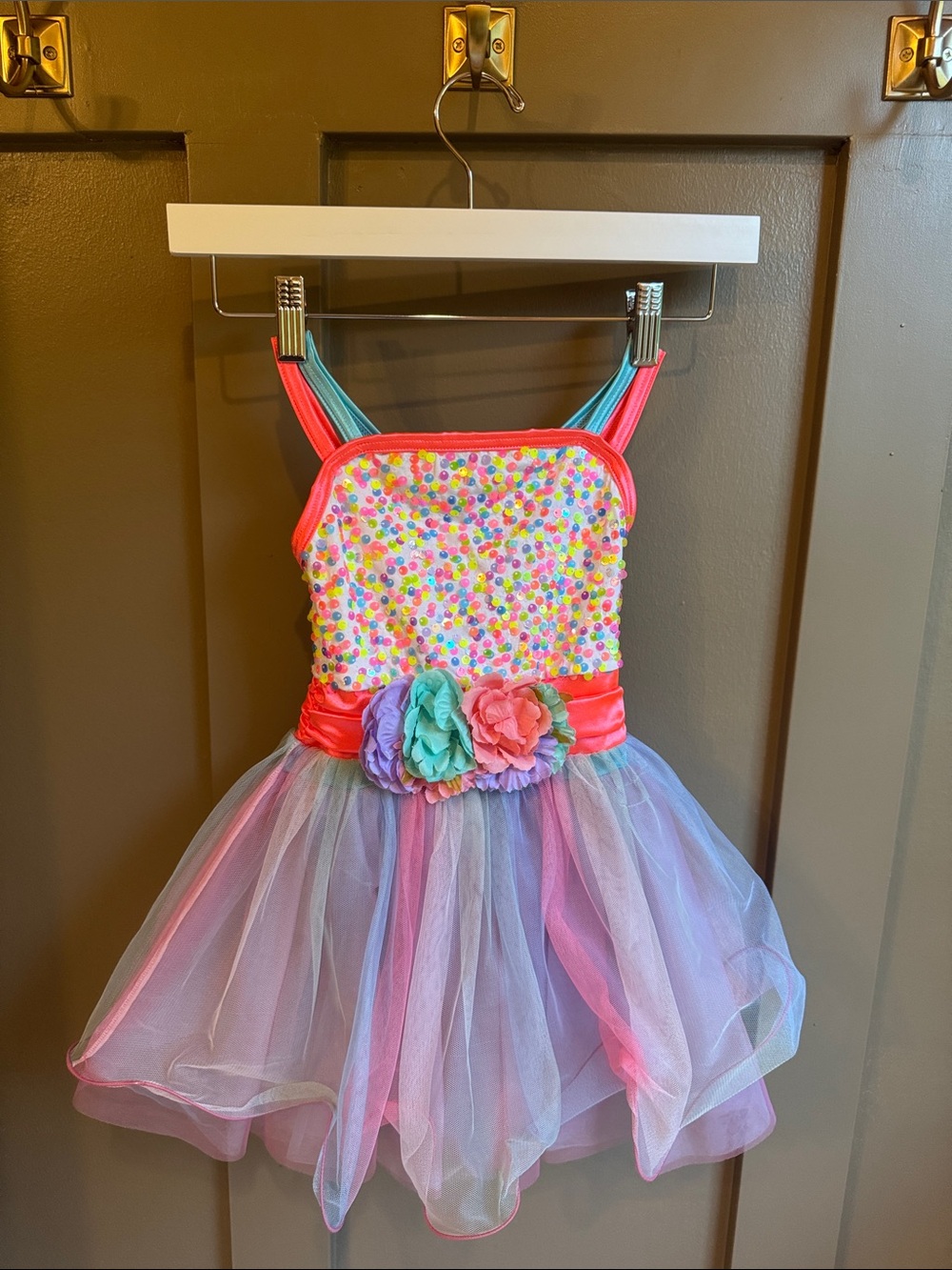 Weissman Coral-Trim Multicolor Sequin Tulle Dance Dress